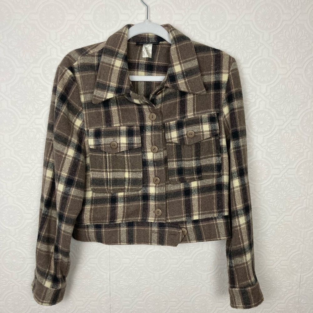 Shacket Neutrals‎ Gingham Plaid Vintage Wool Button Coat Jacket Vintage 90s y2k